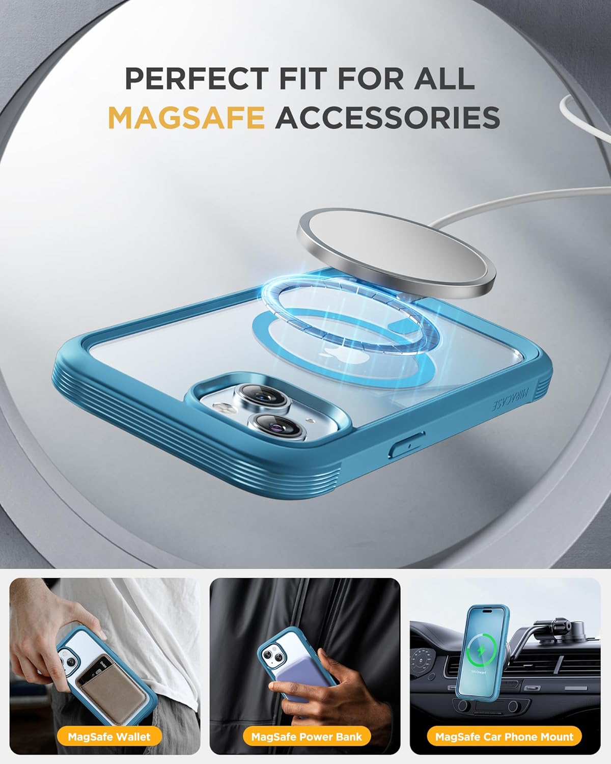 Miracase Magnetic for iPhone 15 Plus Case 6.7'' [Compatible with Magsafe] Full-Body Military Drop Proof 15 Plus Phone Case Cover with Built-in 9H Tempered Glass Screen Protector,Magnetic Blue