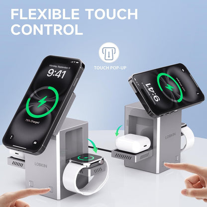 LOBKIN 3 in 1 Charging Station, Qi2 15W Foldable Intelligent Fast Wireless Charging Station,MagSafe Charger Stand for iPhone 16/15/14/13, Airpods, Apple Watch