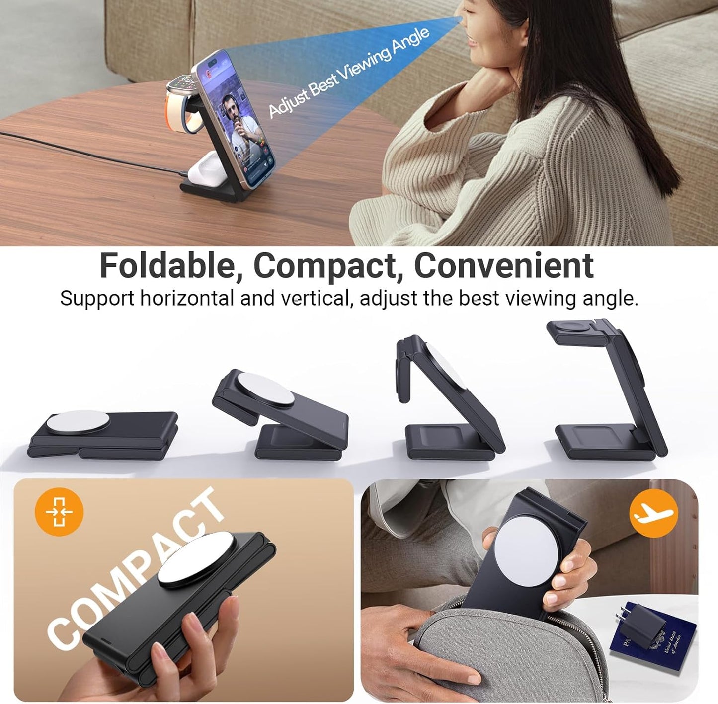 Foldable 3 in 1 Charging Station for Multiple Devices, Travel Wireless Charger for MagSafe Charger Stand, Magnetic Charging Stand for iPhone 16/15/14/13/12 for iWatch AirPods Black