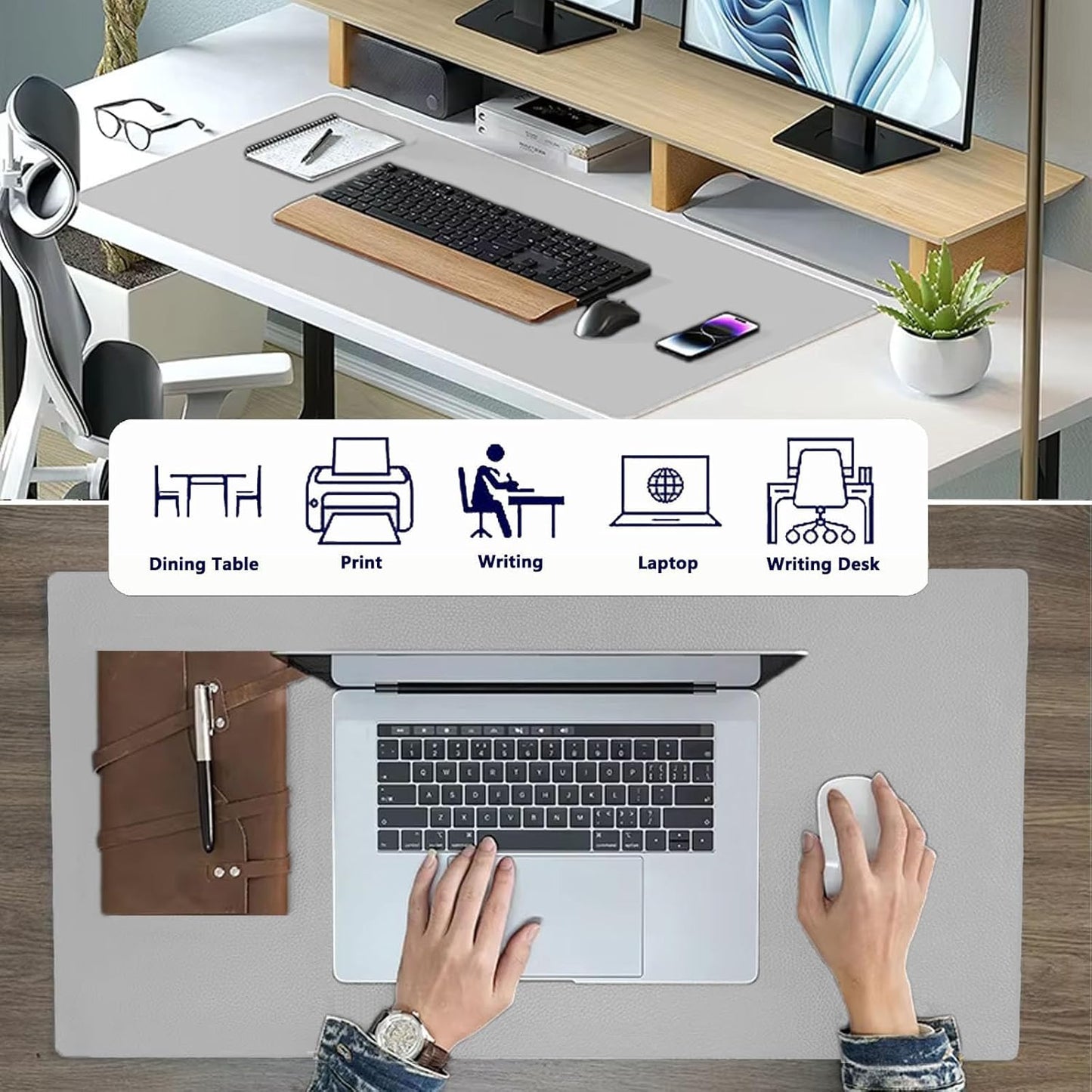 PU Leather Desk Pad Protector Gaming Mouse Pad Non Slip Desk Mat for Keyboard and Mouse Waterproof Desk Writing Pad for Office and Home Desk Accessories(Gray, 35.4 * 17.7)