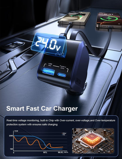 Retractable Car Charger, Car Accessories, 72W Fast Charging USB C Car Charger with 4FT Retractable Cables and 2 Ports, for iPhone 16 15 14 13 12, Samsung etc Dark Blue