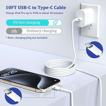 Long USB C Cable 10ft Fast Charging,3Pack 60W Type C to C 10 ft Charger Cord for Apple for iPhone 16/15/15 Pro/Plus/Pro Max,for MacBook Pro/Air,for IPad Air 4/5/Mini 6/Pro Charge 10 feet