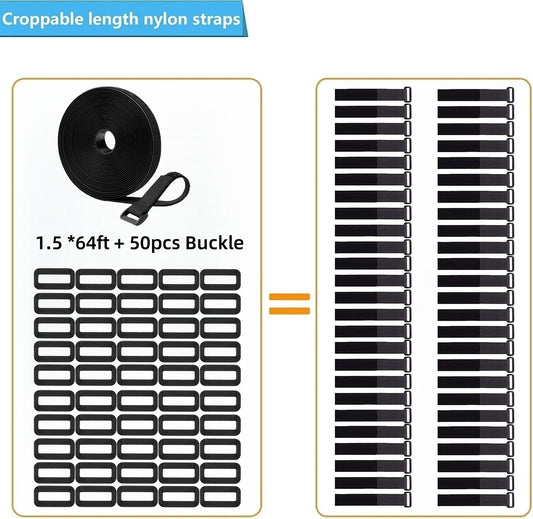 64ft 1.5 Inch Wide Cable Straps, Jumpso Adjustable Fastening Hook and Loop Straps with 50 Buckles, Reusable Nylon Cut-to-Length Cinch Straps for Organizer or Storage, Black