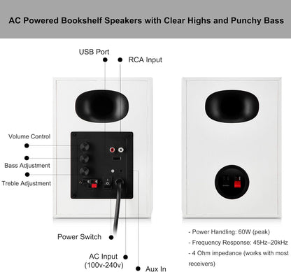 Bookshelf Speakers with Deep Bass, 80W Peak Output Small HiFi Gaming Computer Speakers, 4" Desktop Audio System for Small Home Office Desktop PC, Pair, White