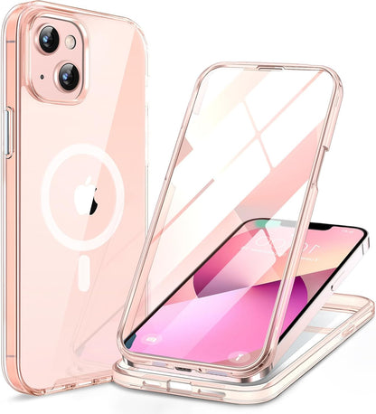 Miracase for iPhone 13 Case 6.1'', [Bubble Free] Full-Body Bumper Phone case with Built-in Full Glass Screen,No Gap,Compatible with MagSafe,Clear Pink