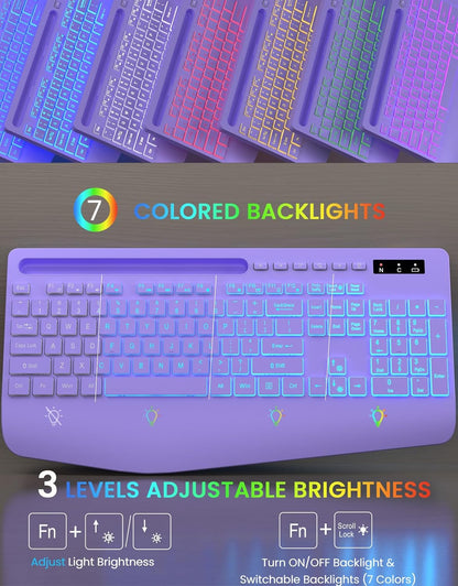 Wireless Keyboard with 7 Colored Backlits, Wrist Rest, Phone Holder, Rechargeable Ergonomic Computer Keyboard with Silent Keys, Full Size Lighted Keyboard for Windows, MacBook, PC, Laptop (Purple)