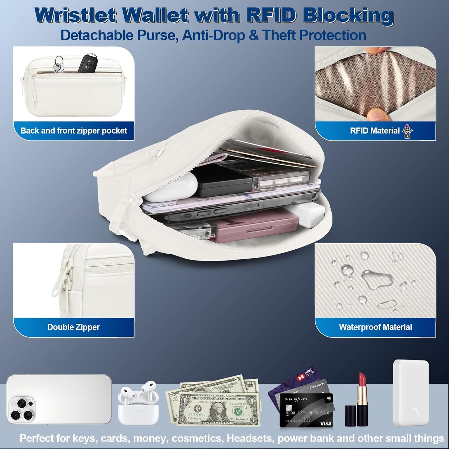 Clip and Go Strap for Phone with Wallet Crossbody, Adjustable Phone Lanyard with Detachable RFID Wristlet Wallet, Cream (L)