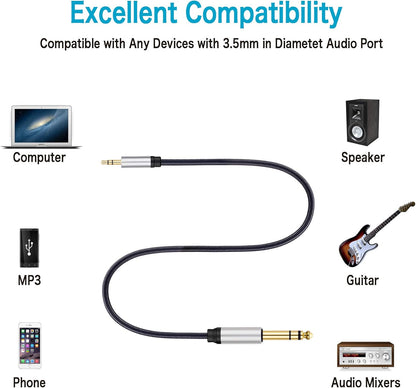 3.5 mm to 6.35 mm Audio Cable 20Ft, Gold-Plated Terminal Silver Color Zinc Alloy Housing 3.5mm 1/8" Male TRS to 6.35mm 1/4" Male TRS Nylon Braided Stereo Audio Cable for Cellphone,Amplifiers(20Ft/6M)