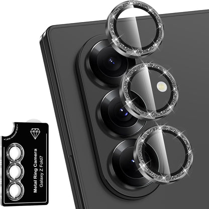 for Samsung Galaxy Z Fold 7 Camera Lens Protector, Individual Metal Ring Tempered Glass Lens Cover, [Strong Adsorption] Scratch Resistant Ultra-Thin HD Clear Lens Cover, 1 Set-Black Sparkly
