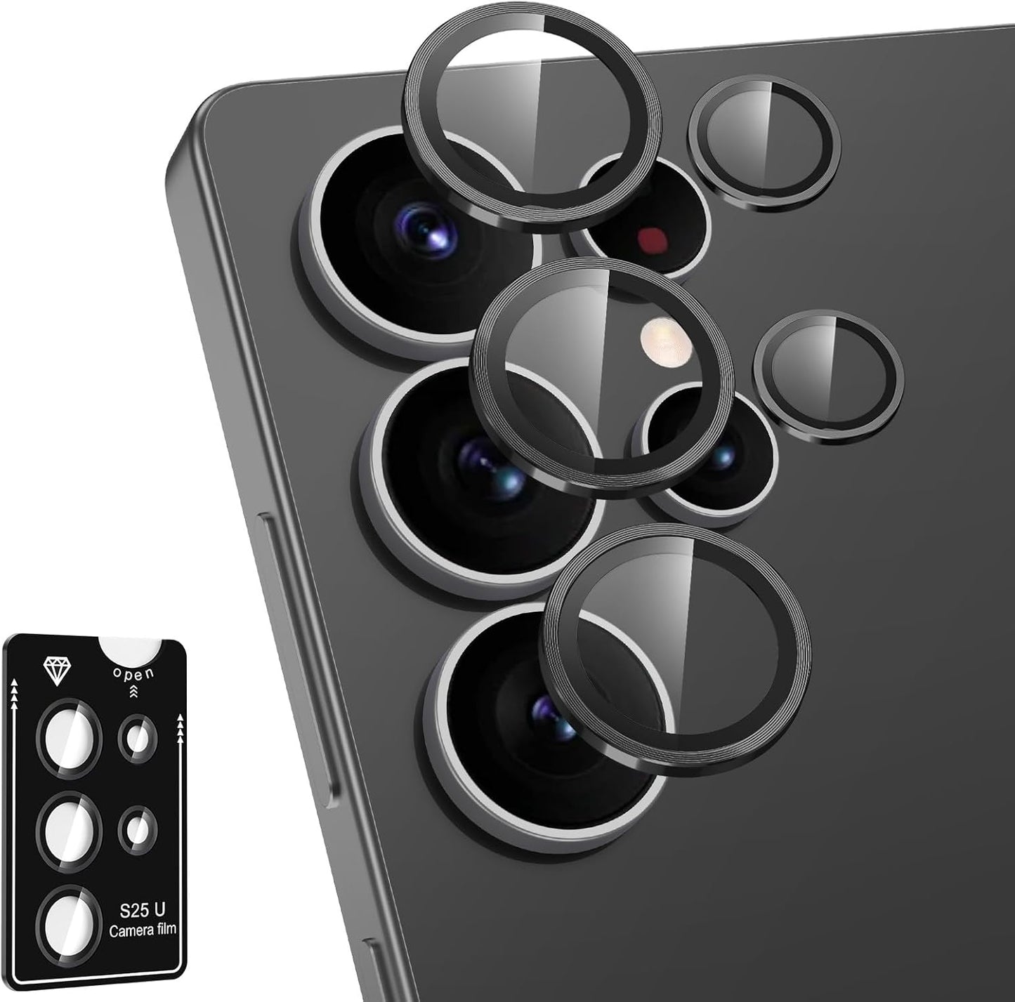 for Samsung Galaxy S25 Ultra Camera Lens Protector, Individual Metal Ring Tempered Glass Lens Cover, [Strong Adsorption] Scratch Resistant Ultra-Thin HD Clear Lens Cover, 1 Set-Black