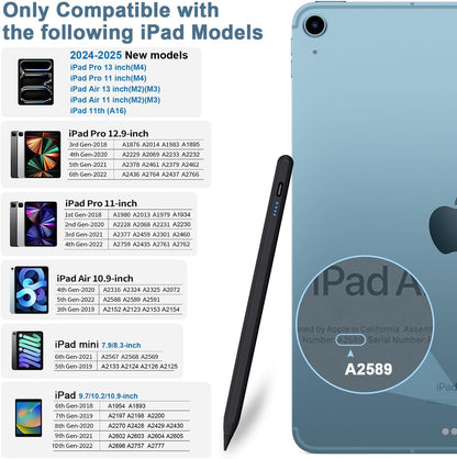 Stylus Pen for iPad 9th&10th - Type-c Charging Pencil for ipad Palm Rejection Active Pen Compatible with (2018-2025) Apple iPad 6/7/8/9/10/11(A16), Air 3/4/5/M2/M3, Mini 5/6, Pro 11"/12.9"/M4（Black）