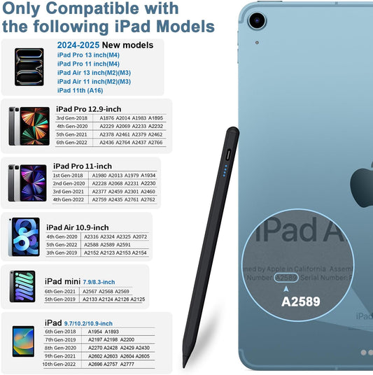 Stylus Pen for iPad 9th&10th - Type-c Charging Pencil for ipad Palm Rejection Active Pen Compatible with (2018-2025) Apple iPad 6/7/8/9/10/11(A16), Air 3/4/5/M2/M3, Mini 5/6, Pro 11"/12.9"/M4（Black）