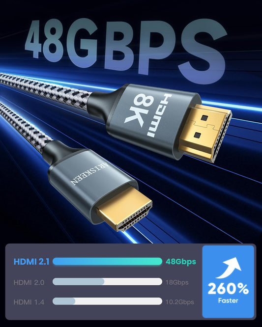 ARISKEEN 8K HDMI Cable 40FT, 48Gbps High Speed HDMI 2.1 Cable, 8K 60Hz, 4K 120Hz 144Hz Support for HDR 10, HDCP 2.2 2.3, eARC, DTS:X, Braided HDMI Cord Compatible with Laptop/HDTV/Monitor - 40 Feet