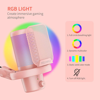 FEELWORLD VM1 Pink Gaming PC USB Microphone Condenser Mic with Noise Cancellation Mute RGB Light, Computer Accessories Gifts for Gamer YouTube Twitch Podcast Streaming Recording Online Chat PS4 PS5