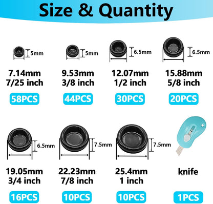Rubber Grommet Kit Closed Firewall Grommet 7 Sizes 7/25" 3/8" 1/2" 5/8" 3/4" 7/8" 1" Rubber Hole Plug Rubber Grommets for Wiring (188Pcs)