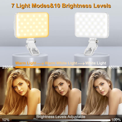 Selfie Light, LED Camera Light Video Lights 60 LED 2200mAh Rechargeable Phone Light 7 Modes, 10-Level Brightness, Portable Clip on Light for Phone/Tablet/Laptop White