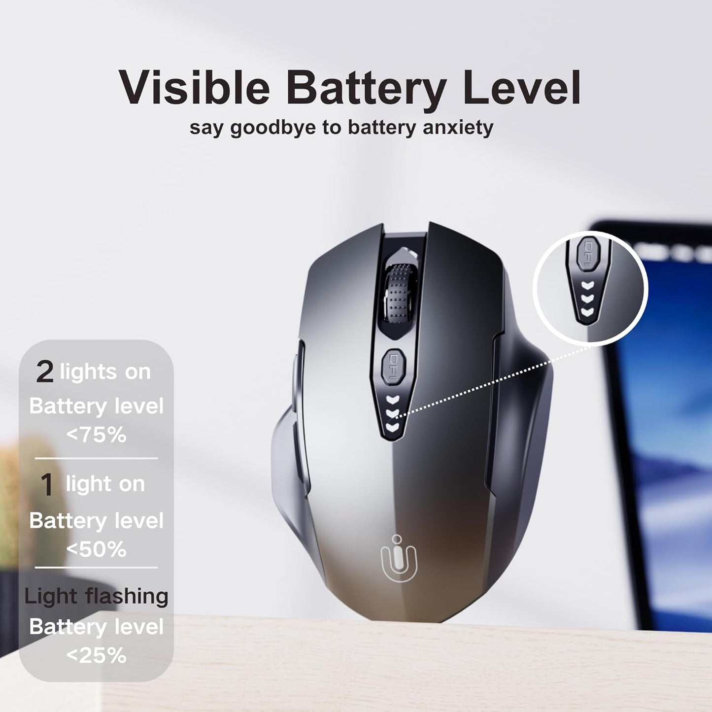 Wireless Mouse,[Upgraded] Rechargeable 2.4GHz (Battery Level Visible) Ergonomic Computer Mouse,4 Levels DPI, Wireless Mice for Laptop PC Computer(Grey)