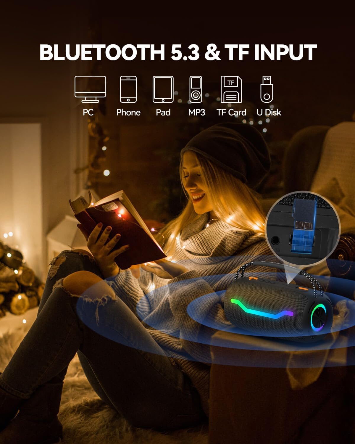 Portable Bluetooth Speaker with Light, Loud Sound and Deep Bass, IPX6 Waterproof, Up to 18H Playtime, TWS Pairing, Support Bluetooth/AUX/USB/TF Card for Home, Party, Outdoor and Travel (Black)