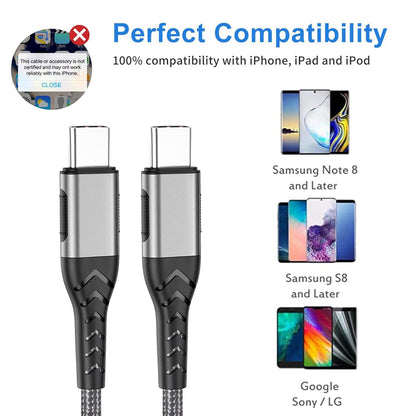 Durcord 2Pack 10ft USB C Charger Cable - 100W Fast Charging for Android/Phone/Pad, Type C to Type C Compatible with iPhone 16/15 Pro Plus Max Silver