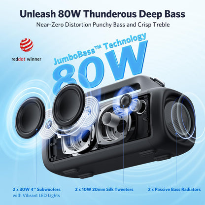 EarFun UBOOM X Portable Bluetooth Speaker, 80W Stereo with JumboBass, IP67 Waterproof Outdoor Speaker, RGB Light, 30H Playtime, Custom EQ, Bluetooth 5.3 Speakers for Outdoor, Camping, Beach