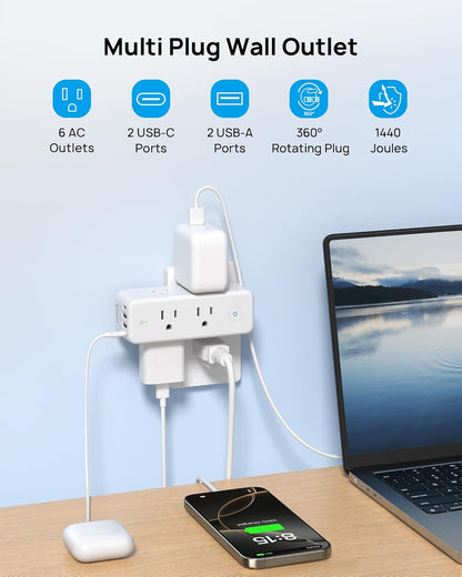 TROND Outlet Extender Surge Protector, 6 AC Outlet Splitter with Rotating Plug 360, Multi Plug Adapter with PD 20W USB C, 1440J, 2 USB-A & 2 USB-C, 3 Way Wall Extension Outlet for Home Office Travel