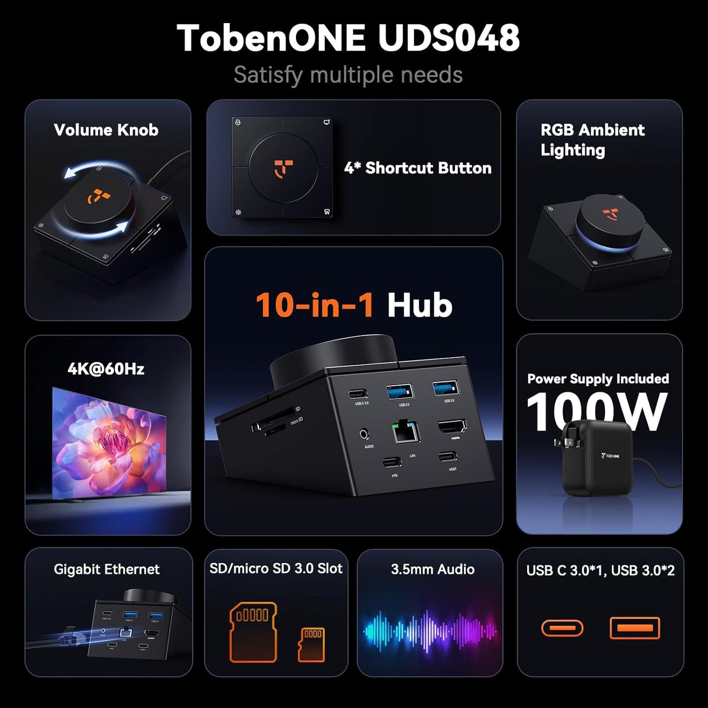 TobenONE 10-in-1 Shortcut-Key Docking Station with 4 Shortcut Button and Volume Knob, USB C Dock with 4K@60Hz HDMI, 100W PD, 3 USB, Ethernet, Audio, SD/microSD for MacBook, Windows, Chrome, Mac mini