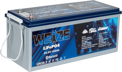 WEIZE 24V 100AH Bluetooth LiFePO4 Lithium Battery, Grade A Cells, 150A BMS, Low-Temp Protection Deep Cycle 500A/3S Peak Discharge Battery for Trolling Motor, Solar System, RV, Camping, Off Grid