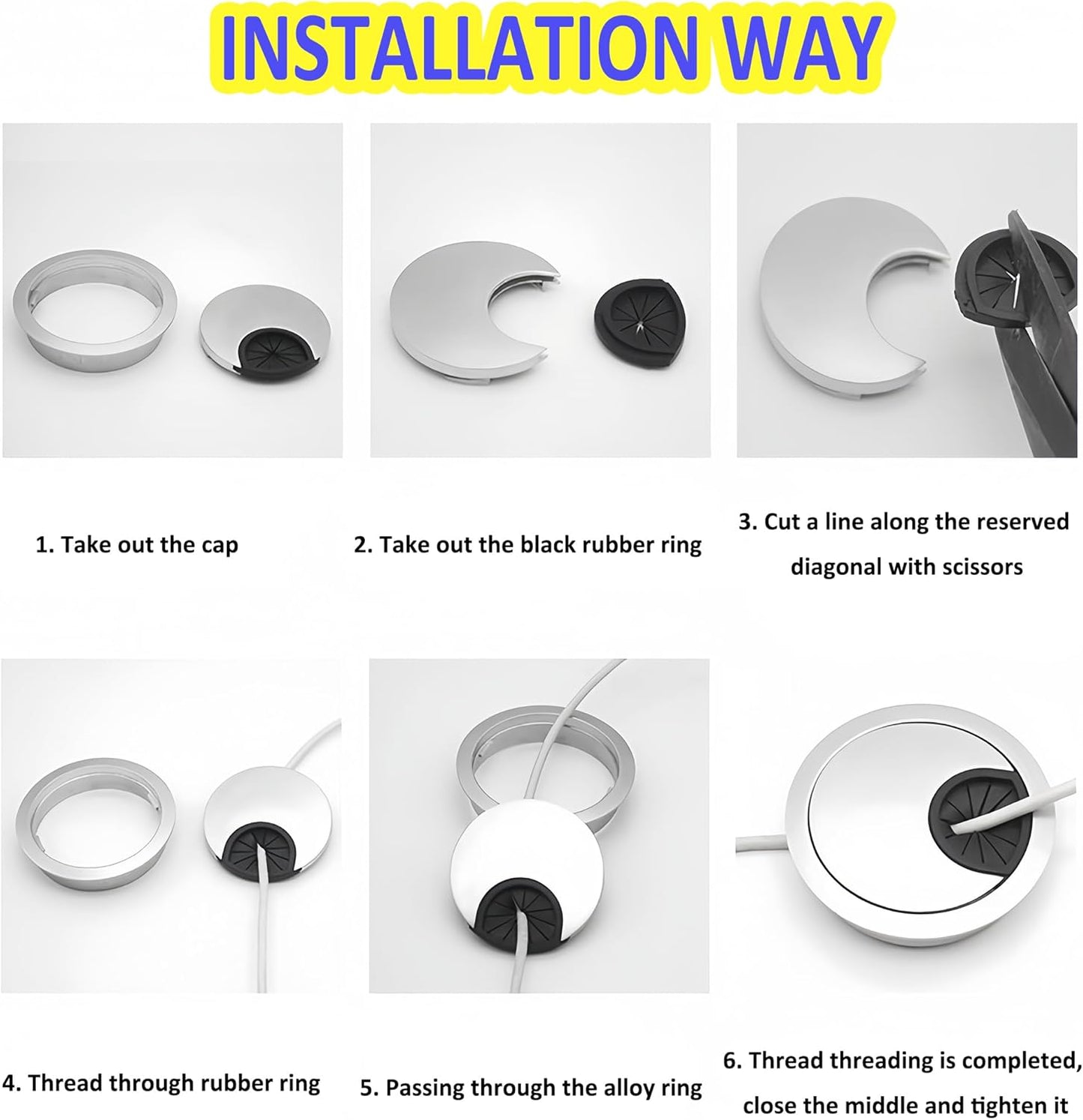 3 Pcs Satin Nickel Metal Cable Grommet, Zinc Alloy Desk Table Grommet Cable Cord Hole Cover for Home and Office, Fits 2inchs Hole 50MM Brushed Silver