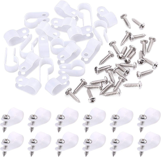 Swpeet 120 Pack White 1/2 Inch Nylon Plastic R-Type Cable Clips Clamp Kit, Nylon Screw Mounting Cord Fastener Clips with 120 Pack Screws for Wire Management (1/2 Inch, White)