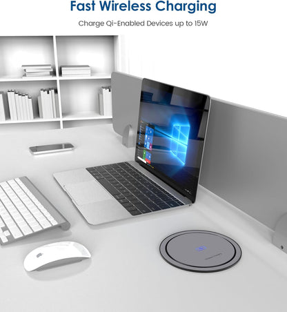 Pop up Outlet for Countertop with 15W Wireless Charger,65W USB C Charging Station,4 Outlets,2 USB C,USB A,Tamper Resistant Receptacle,4.7'' Hole Power Grommet,Office Power Supply,Black