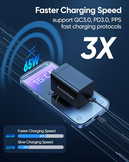 USB C Charger Block 160W, 3-Port GaN Super Fast Charger, Dual 65W Type C Charging Block, Foldable QC3.0 Laptop Fast Charging for MacBook, iPhone, Samsung, Galaxy, iPad, Android (Black, 1 Pack)