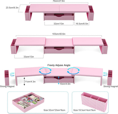 Spacrea Metal Desk Organizers and Accessories, Dual Monitor Stand Riser with Drawer and 2 Pen Holders, Desk Accessories & Workspace Desktop Organizers for Office Supplies (Pink)