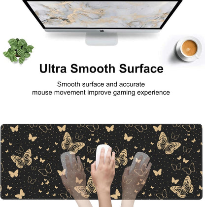 Golden Butterflies Desk Mat,Large Butterfly and Round Spots Gaming Keyboard Mouse Pad,Non-Slip Rubber Base Desk Pad Thick Stitched Edges Waterproof Mousepad Mouse Mat 31.5"x11.8"