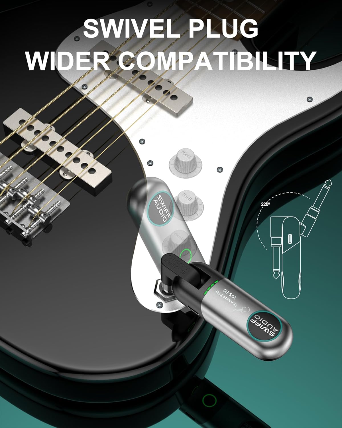 Wireless Guitar System, SWIFF Wireless Guitar Transmitter Receiver with 10 Channels, Dual Interface Design Guitar Wireless System for 6.35mm/3.5mm Audio Devices