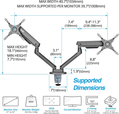 AVLT Dual 27”-43” RGB Gaming Monitor Arm Desk Mount Built-in 20 Lighting Modes Touch Button Control Fits Flat/Curved/Ultrawide Screen Height Swivel Tilt Rotation Adjustable Monitor Stand -Dark Gray