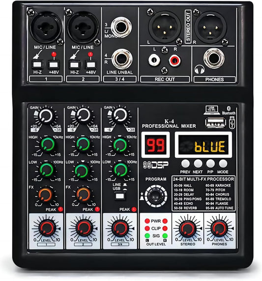 Dj Mixers, 4 Channel Audio Mixer, Sound Board with Bluetooth Player, Usb Audio Interface with 48V Phantom Power, Sounds Mixer Board with 99 DSP FX Reverb Delay Effect