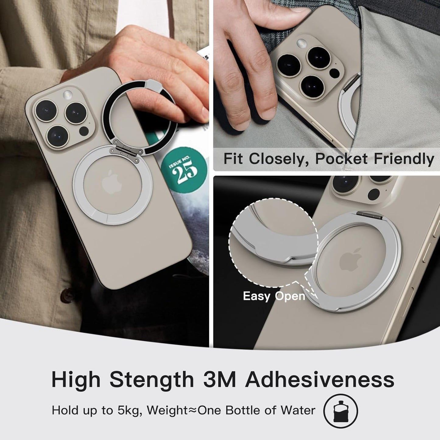 COOLQO 1Pc 360 Spin Cell Grip Ring Phone Stand [Upgrade Gear Hinge Stress Anxiety Relief] Magnetic Holders for Your car Accessories Desk Mount Compatible with iPhone All Smartphones, Silver