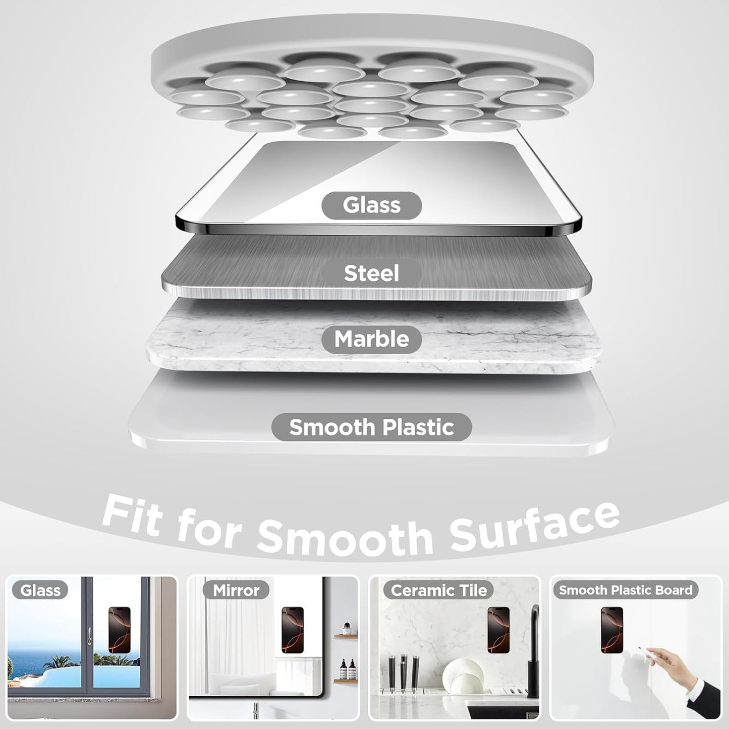 Magnetic Suction Cup Phone Mount for MagSafe Case, Silicone Hands-Free Grip Holder for iPhone and Android, Mirror Shower Phone Stand for Makeup FaceTime Gym Kitchen Bathroom, Light Gray