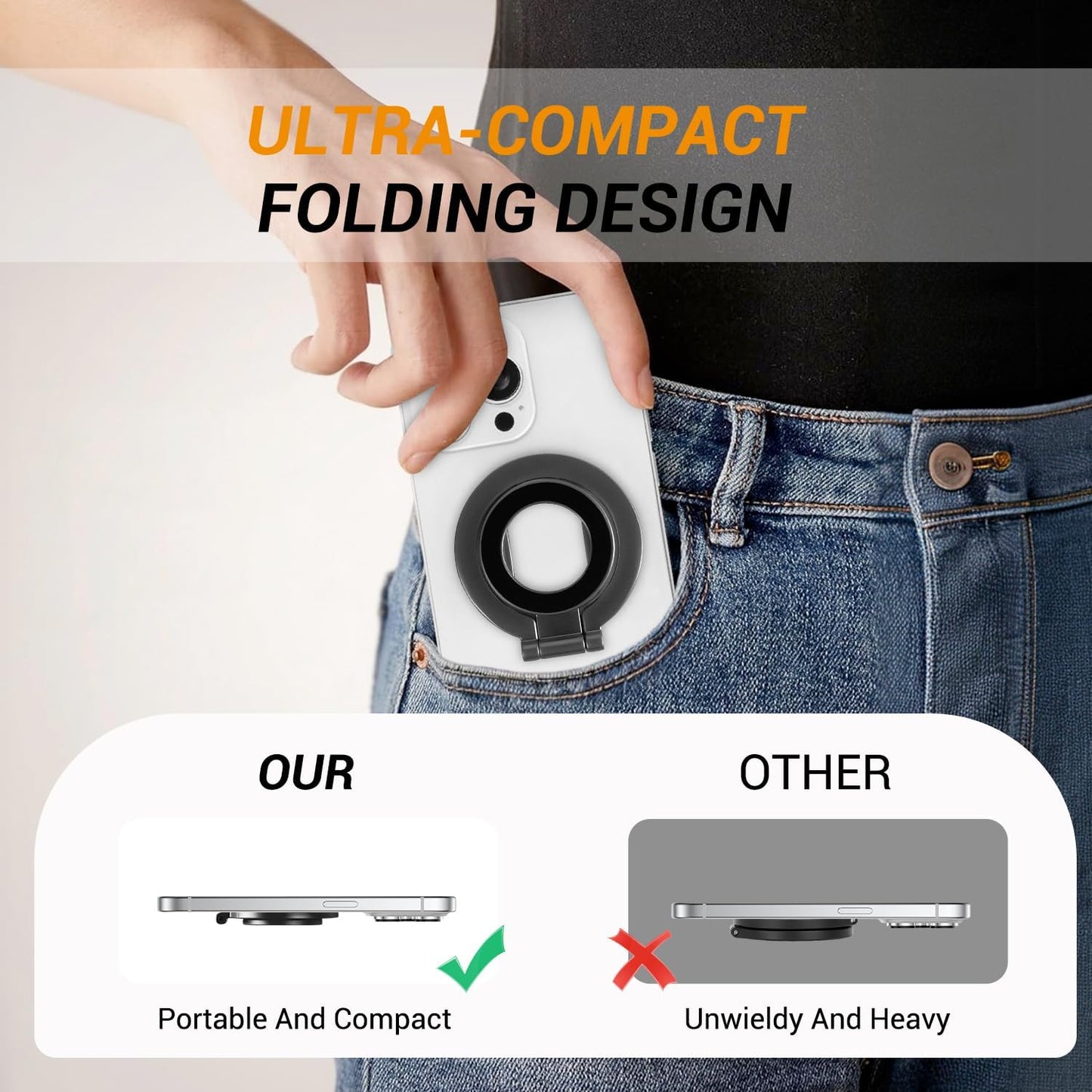 Magnetic Ring Holder Grip, Adjustable Magnet Phone Ring Stand, Multi-Angle Stability Kickstand, Strong Double Sided Magnetic Phone Grip, with Magnet Ring for Phone Case, Black