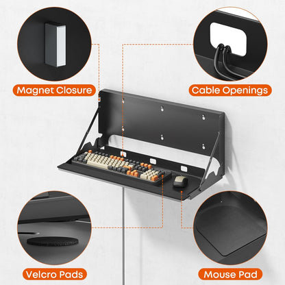 Flip Down Keyboard Tray Wall-Mount - 24 Inch Computer Keyboard and Mouse Platform Tray, Space Saving Design, Mouse Pad and Wrist Pad Included, Holds Up to 22 lbs, Black