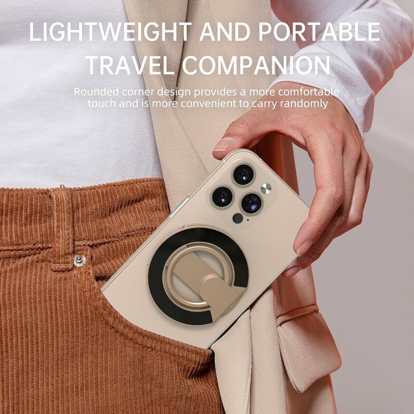 RESPECTED BRO-Magnetic-Phone-Ring-Holder with Dual Rings, Compatible with iPhone 16/15/14/13/12, Multifunctional Stand for Desk,Office,Gym,Kitchen & All Metal Surfaces, Finger Loop Grip (Desert Gold)