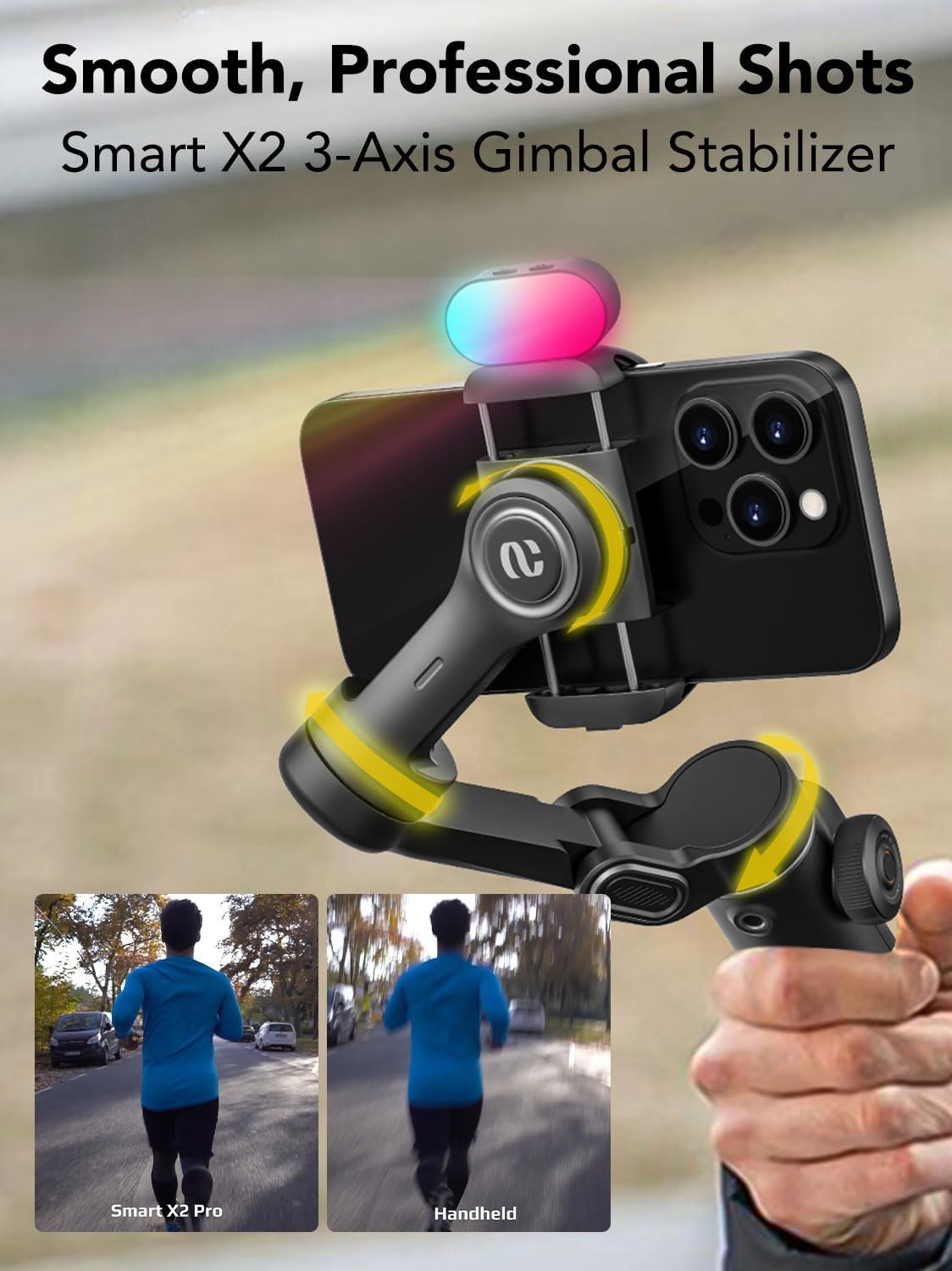 Smart X2 Smartphone Gimbal Stabilizer with 360°Rotation,OLED Display,Built-in 20cm Extension Rod Selfie Stick,Adjustable 7-Color RGB Fill Light, Ideal for Night Video Shoots,X2 KIT Black