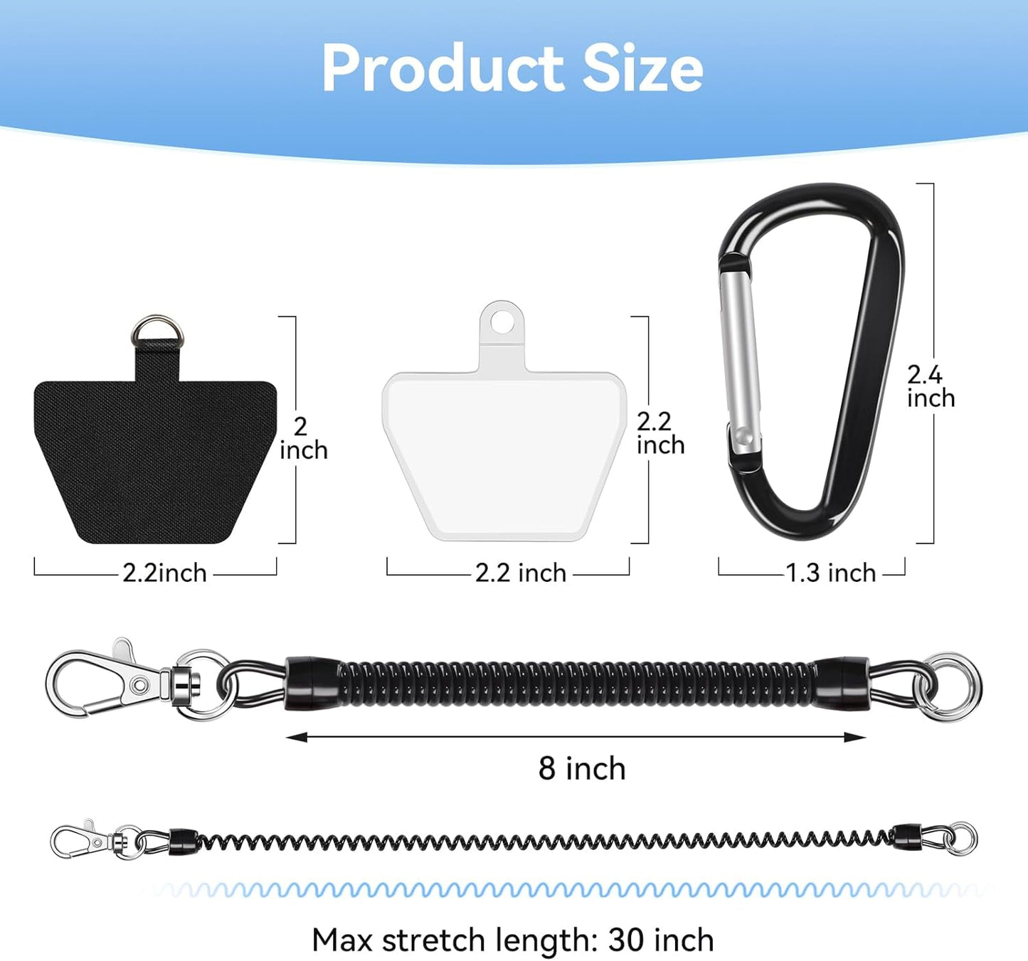 SHANSHUI Phone Lanyard Tether, Anti Theft Spring Phone Strap, 4 x Phone Pacthes & Climbing Hook Universal Phone Lanyard for Keys Outdoor Skiing Hiking Fishing Fitting for All Smartphones - 2PCS Black