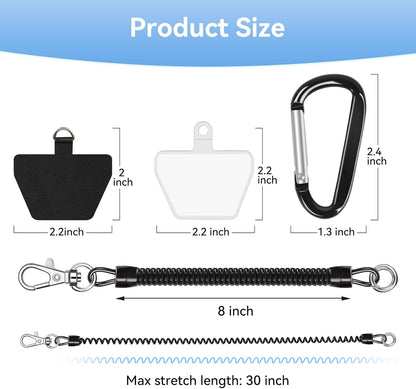 SHANSHUI Phone Lanyard Tether, Anti Theft Spring Phone Strap, 4 x Phone Pacthes & Climbing Hook Universal Phone Lanyard for Keys Outdoor Skiing Hiking Fishing Fitting for All Smartphones - 2PCS Black