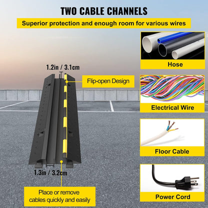 VEVOR Cable Protector Ramp, 5 Packs 2 Channels Speed Bump, Rubber Modular Humps Rated 11000 LBS Load Capacity, Protective Wire Cord Ramp Driveway Rubber Traffic Speed Bumps Cable Protector