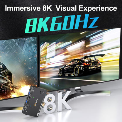 KVM Switch 2 Monitors 2 Computers 8K@60Hz/4K@144Hz, HDMI Displayport KVM Switches for 2 PC Sharing Dual Monitor and Keyboard Mouse with Power Adapter, Wired Extend Controller and USB3.0 Cables