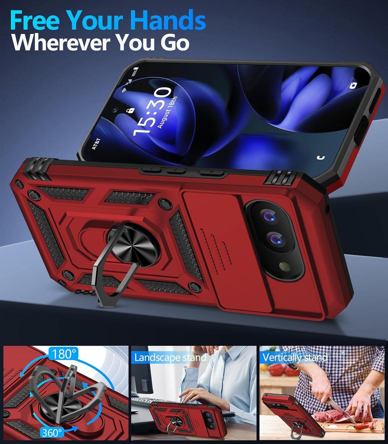 Taisairu for Google Pixel 9A Case with Screen Protector & Slide Camera Lens Cover, Built-in 360°Rotate Magnetic Ring Stand Shockproof Protective Phone Case for Google Pixel 9A Case (Red)