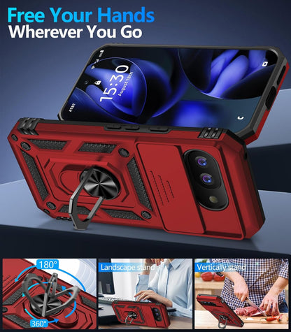 Taisairu for Google Pixel 9A Case with Screen Protector & Slide Camera Lens Cover, Built-in 360°Rotate Magnetic Ring Stand Shockproof Protective Phone Case for Google Pixel 9A Case (Red)