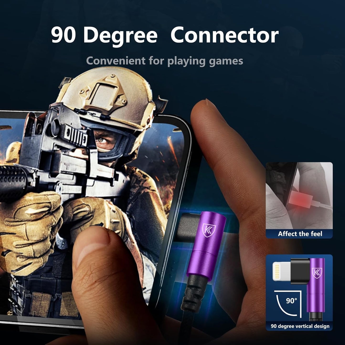 KIYODA iPhone Charger Cable 6ft, 3 Pack Lightning Cable, 90 Degree Nylon Braided Gaming Charging Cord, USB to Lightning Cable Compatible with 13 12 11 Pro XS MAX XR X 8 7 6S Plus SE iPad iPod, Purple