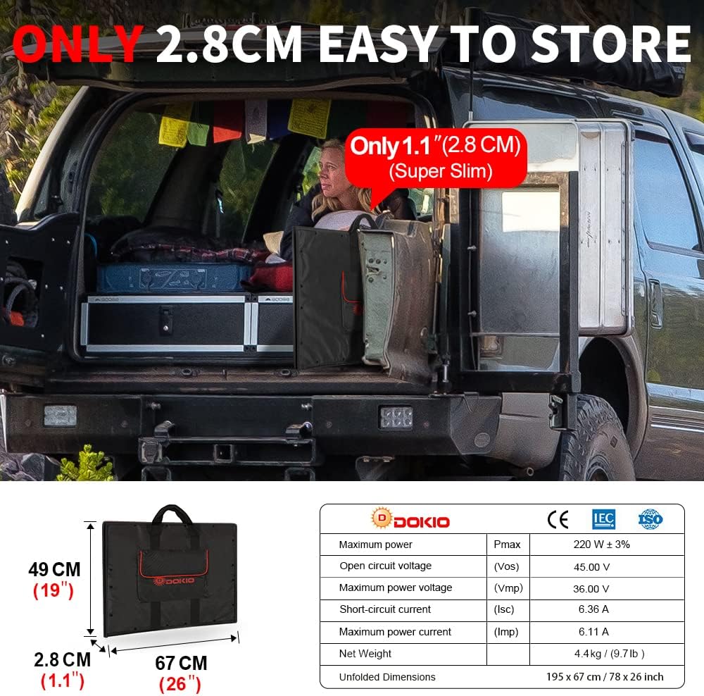DOKIO 200W 36V Portable Folding Solar Panel Kit for 24V Batteries & Power Stations Lightweight Flexible Charger for AGM, LiFePO4, Deep Cycle — RV, Trailer, Truck, Boat, Camping, Van, Emergency